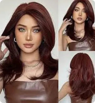 Mid-length curly synthetic wig with long fringe in a platinum gradient colour, available in brown, white gold and wine red.