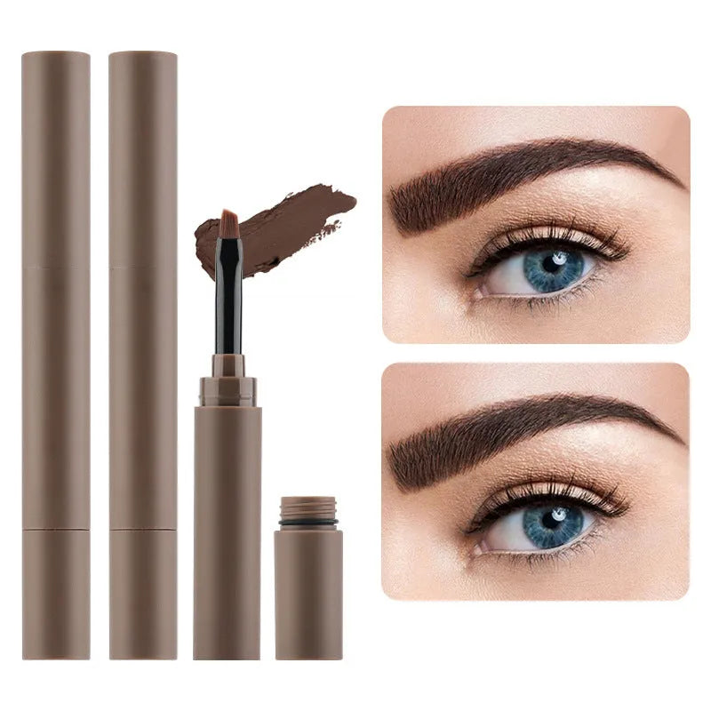 Double-headed eyebrow cream tube shown next to swatches of its five colours: reddish brown, brown, light brown, dark brown, and black.