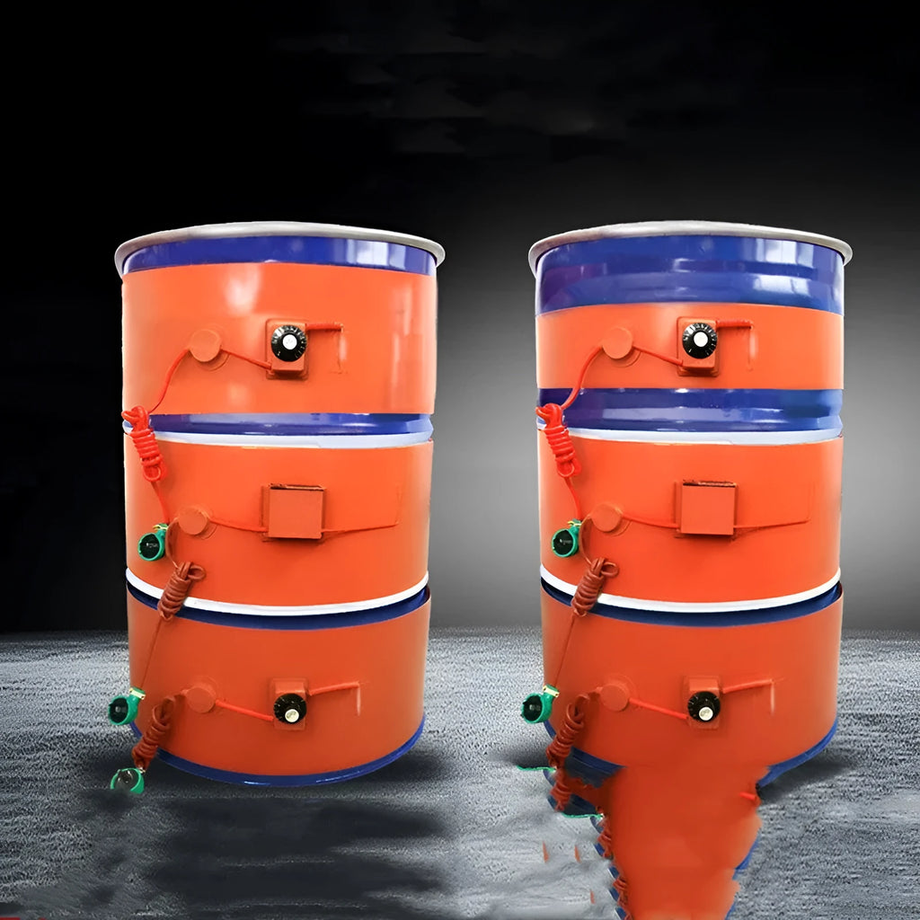 Silicone rubber heating belt wrapped around 200-litre oil drum with control interface