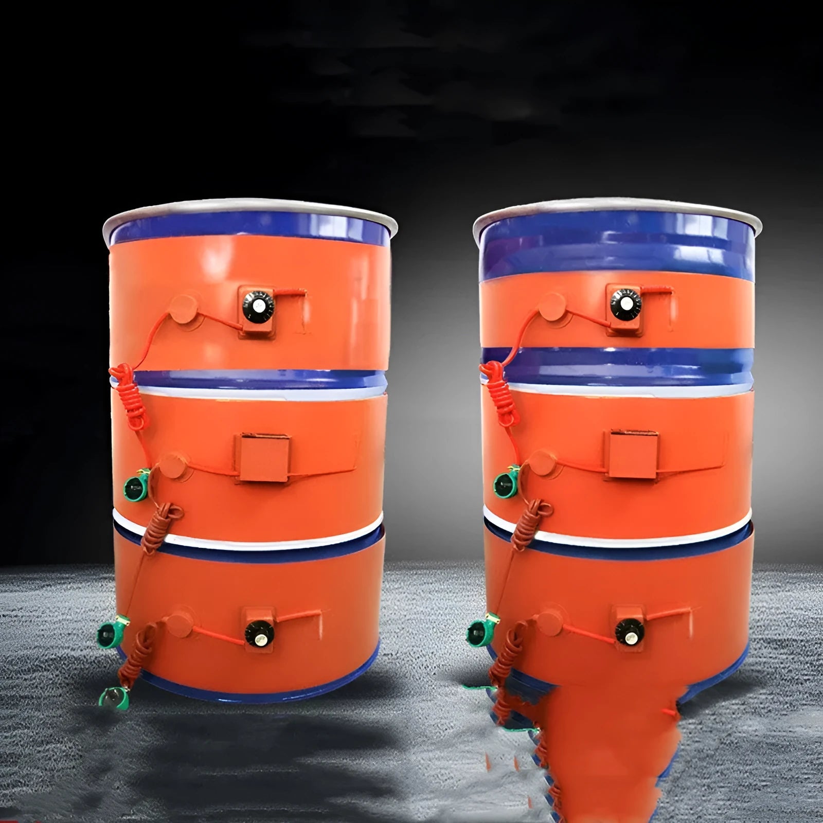 Silicone rubber heating belt wrapped around 200-litre oil drum with control interface