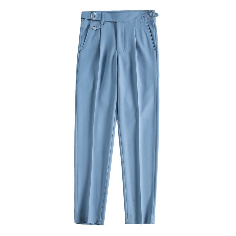 Men's straight-leg casual trousers in solid colours like black, grey, and khaki.