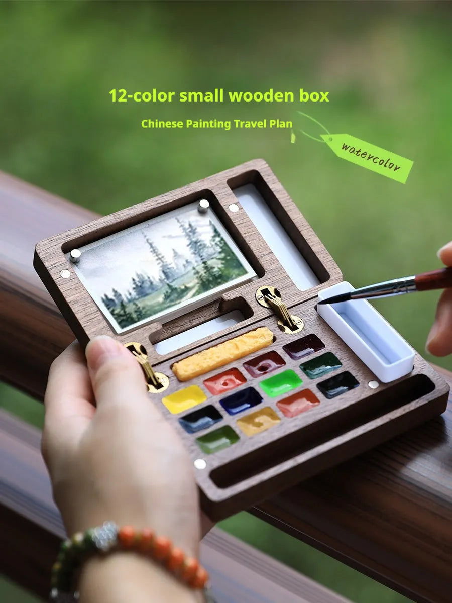 Mini walnut wooden watercolour paint box with leather case and pigment colour selection