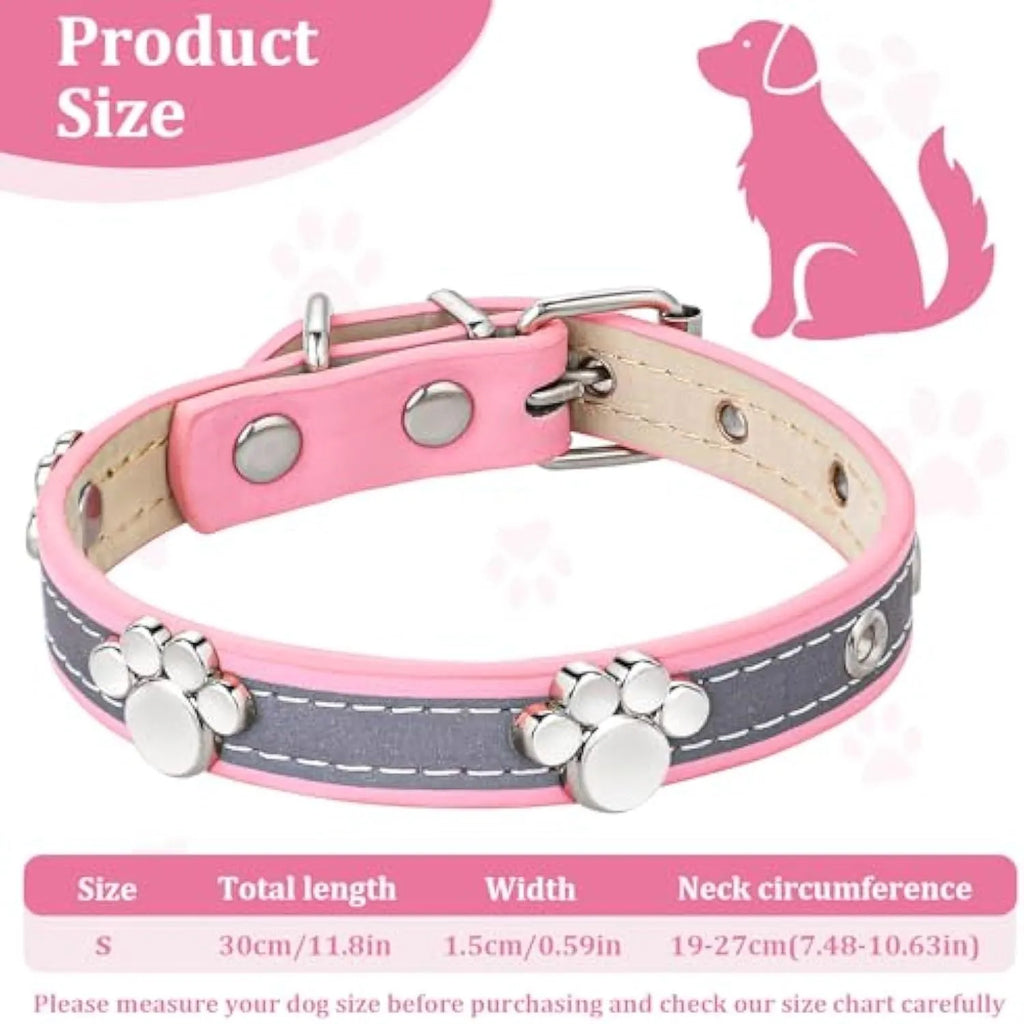 Reflective leather dog collar with paw rivet design in adjustable sizes for dogs