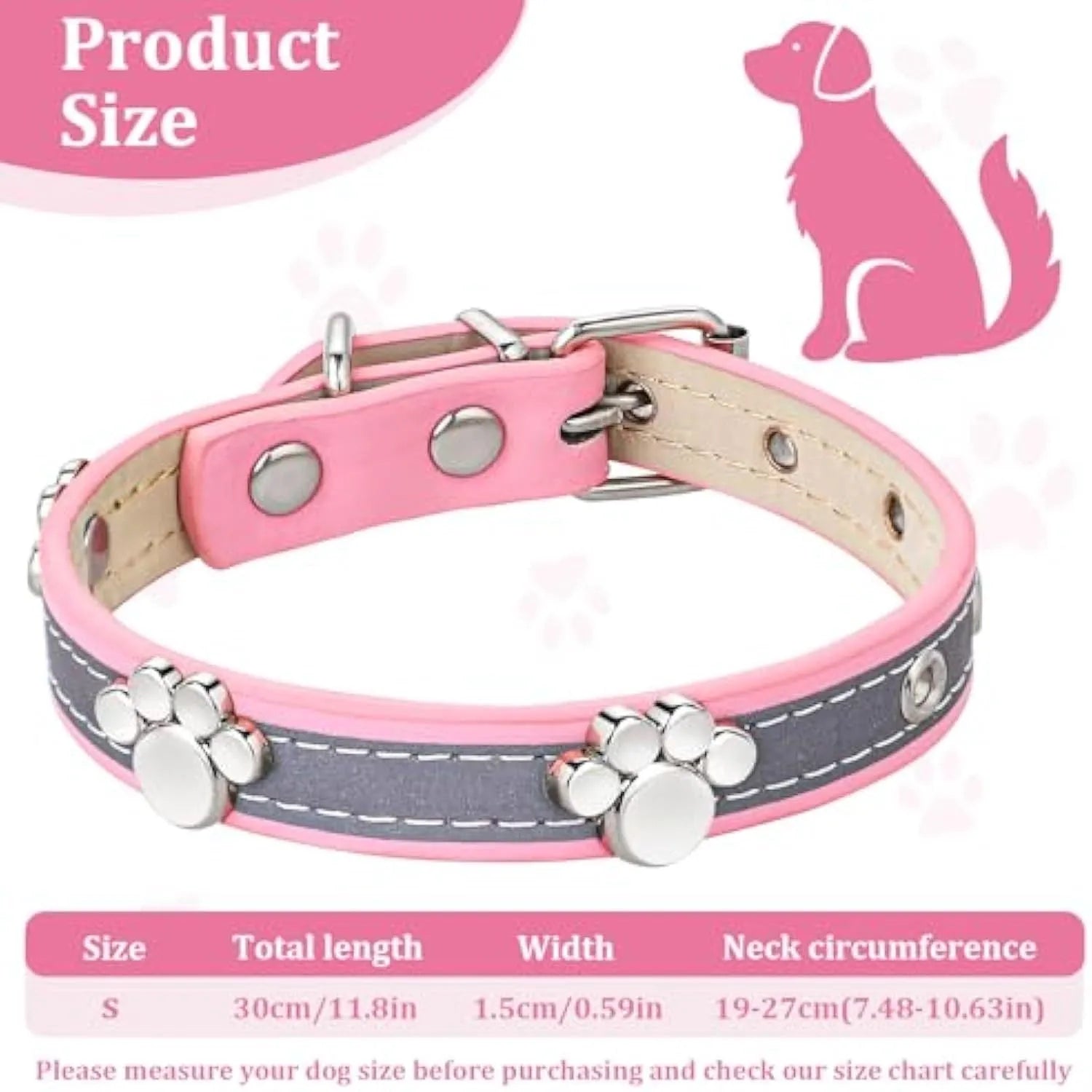 Reflective leather dog collar with paw rivet design in adjustable sizes for dogs