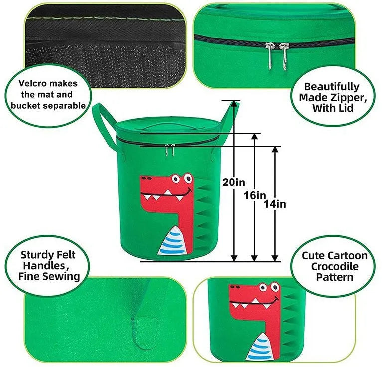 Green felt cube storage bag with pull rope laid flat as play mat for toy organisation