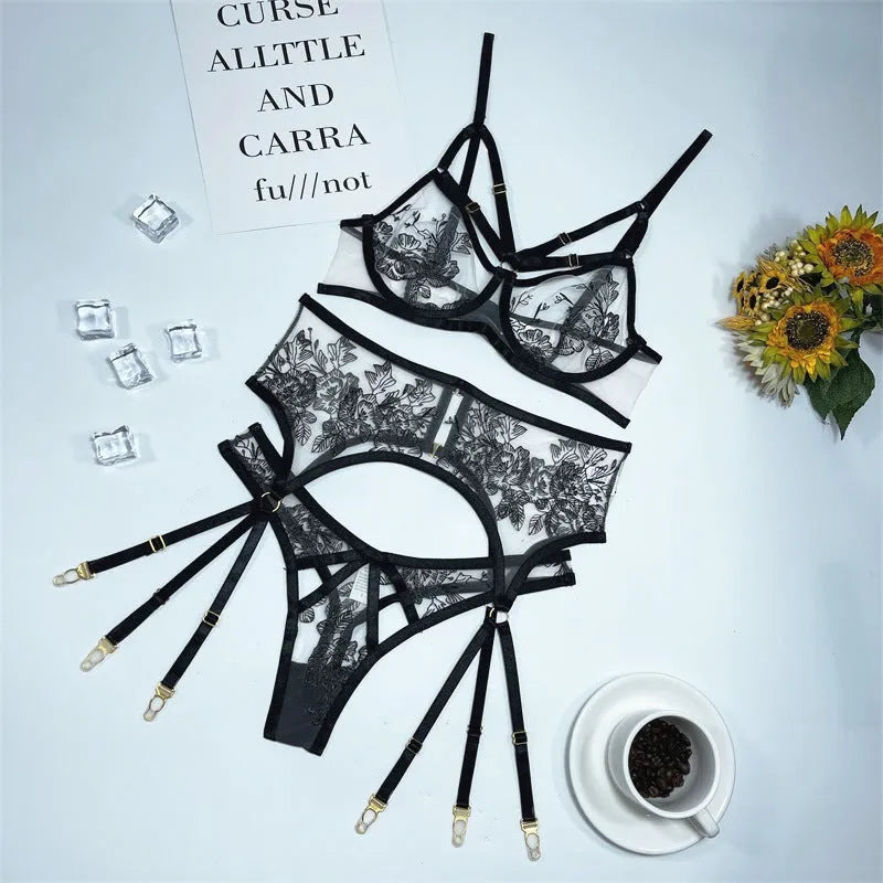 Women's black lace mesh three-piece set with floral print showing top, pants and waist ring