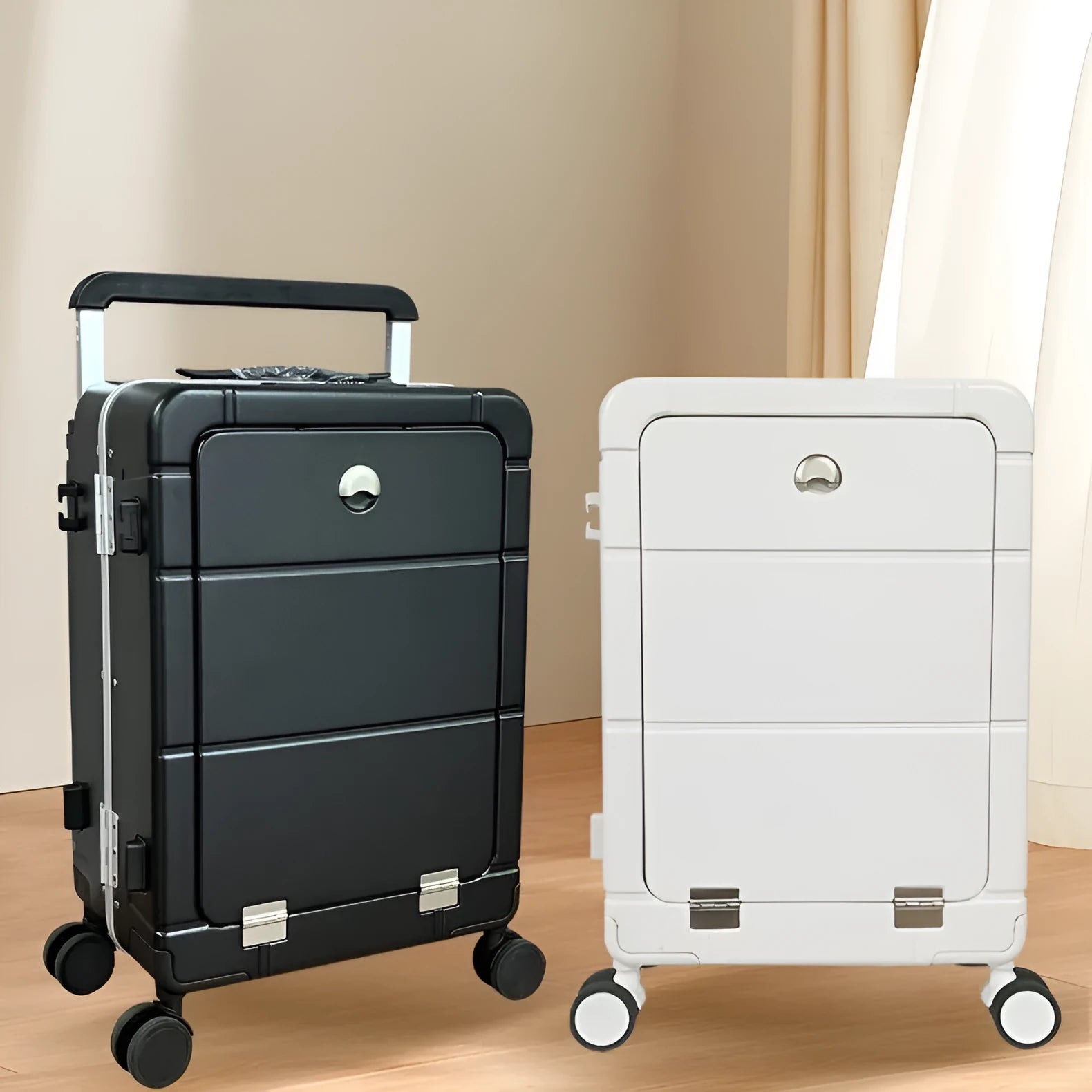 20-inch front opening cabin suitcase in four colours showing dry wet separation and built-in cup holder.