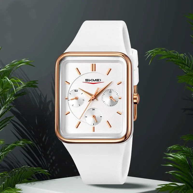 Square silicone waterproof watch for girls in white rose gold colour showing 10.8mm thickness