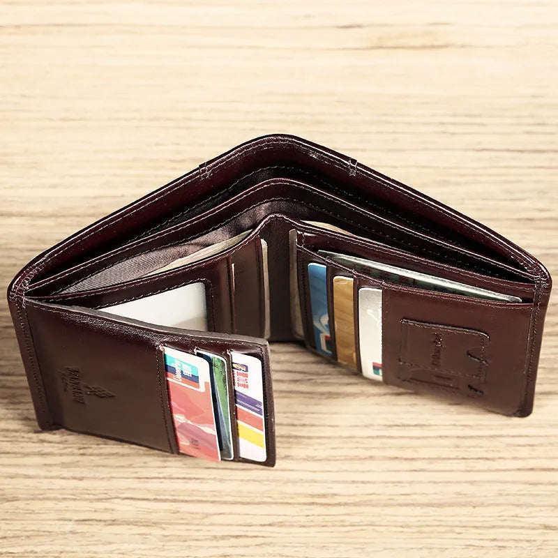 Men's leather wallet showing internal card slots, banknote folder, coin pocket, and document positions