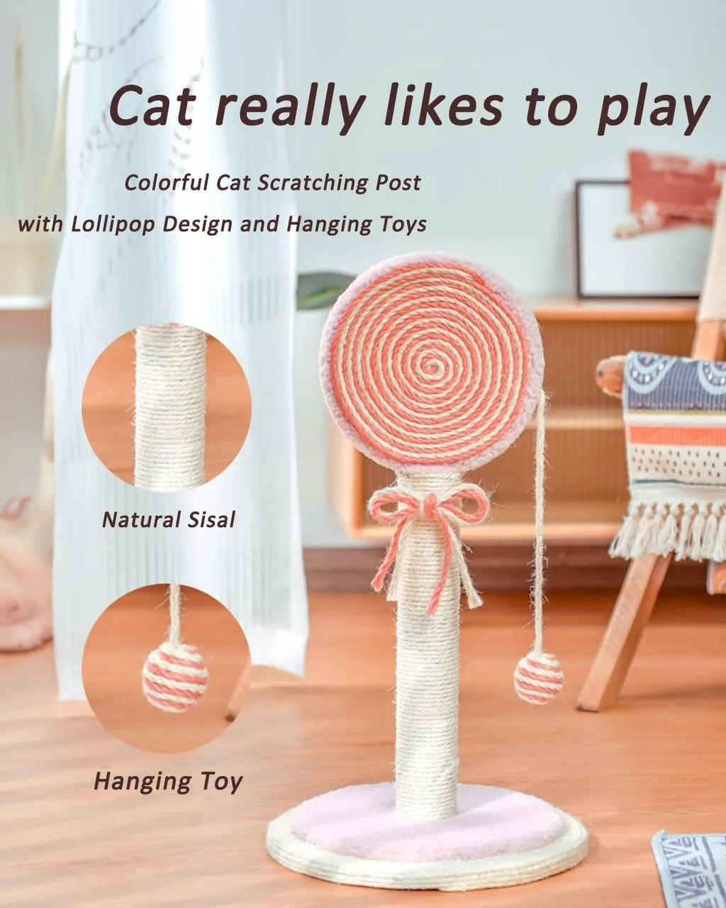 Blue cat scratching post with natural sisal rope and a hanging yellow ball toy on a sturdy wooden base.