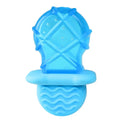Set of three water-filled dog cooling toys: a blue pacifier, a red popsicle, and a green ring shape.