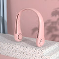 Pink portable bladeless neck fan with flexible neckband and USB charging cable