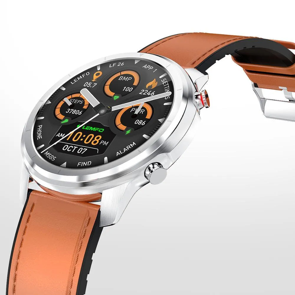 LEMFO LF26 smart bracelet on wrist showing 1.3-inch touchscreen and side button.
