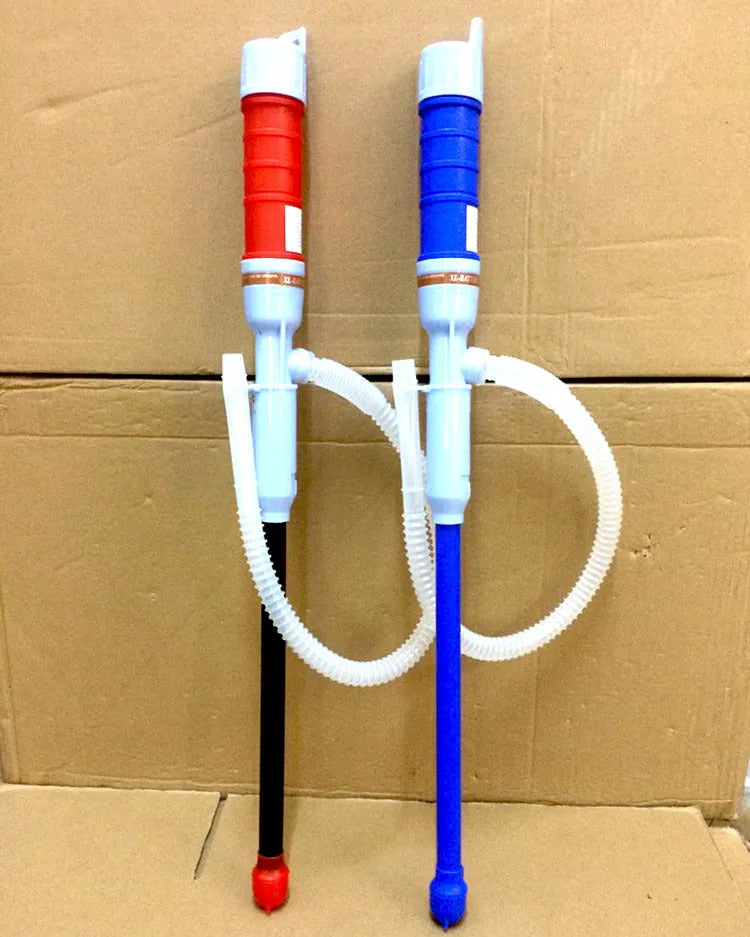 Red and blue manual hand pump siphon for transferring fuel oil and gasoline
