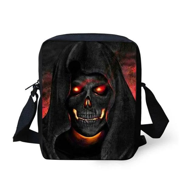 Children's medium messenger bag with skull character patterns showing double shoulder straps and zipper opening