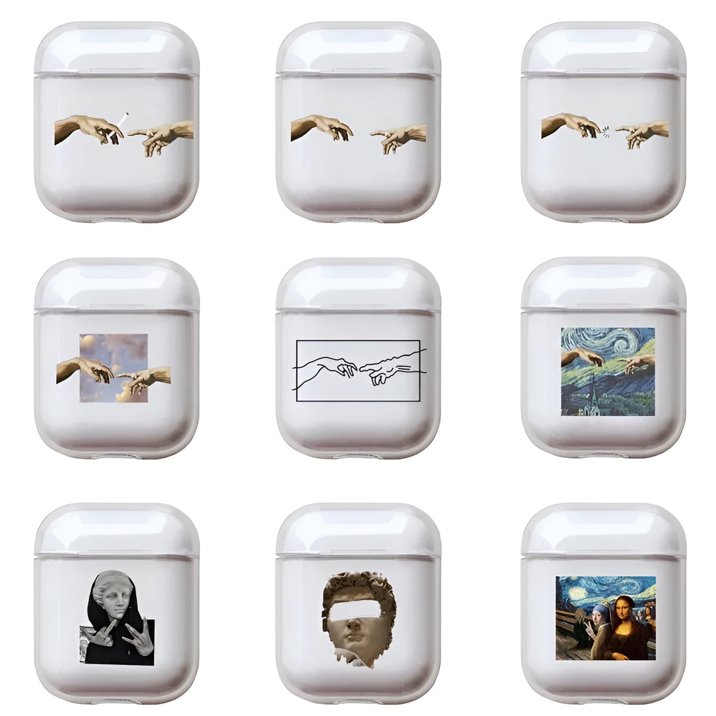 Transparent plastic protective cover for Apple AirPods case on a table.