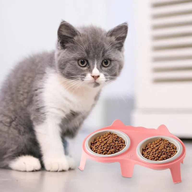 Blue ceramic tilted cat food and water bowls on a white ABS stand with a hook for a water bottle.
