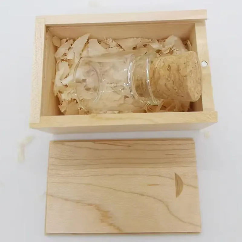 Transparent acrylic drift bottle USB flash drive with wooden cork stopper showing interior USB component