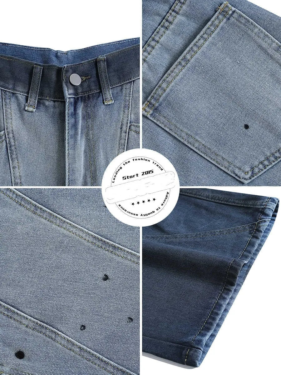 Blue tie-dye gradient cropped jeans with loose casual fit and washed-out finish