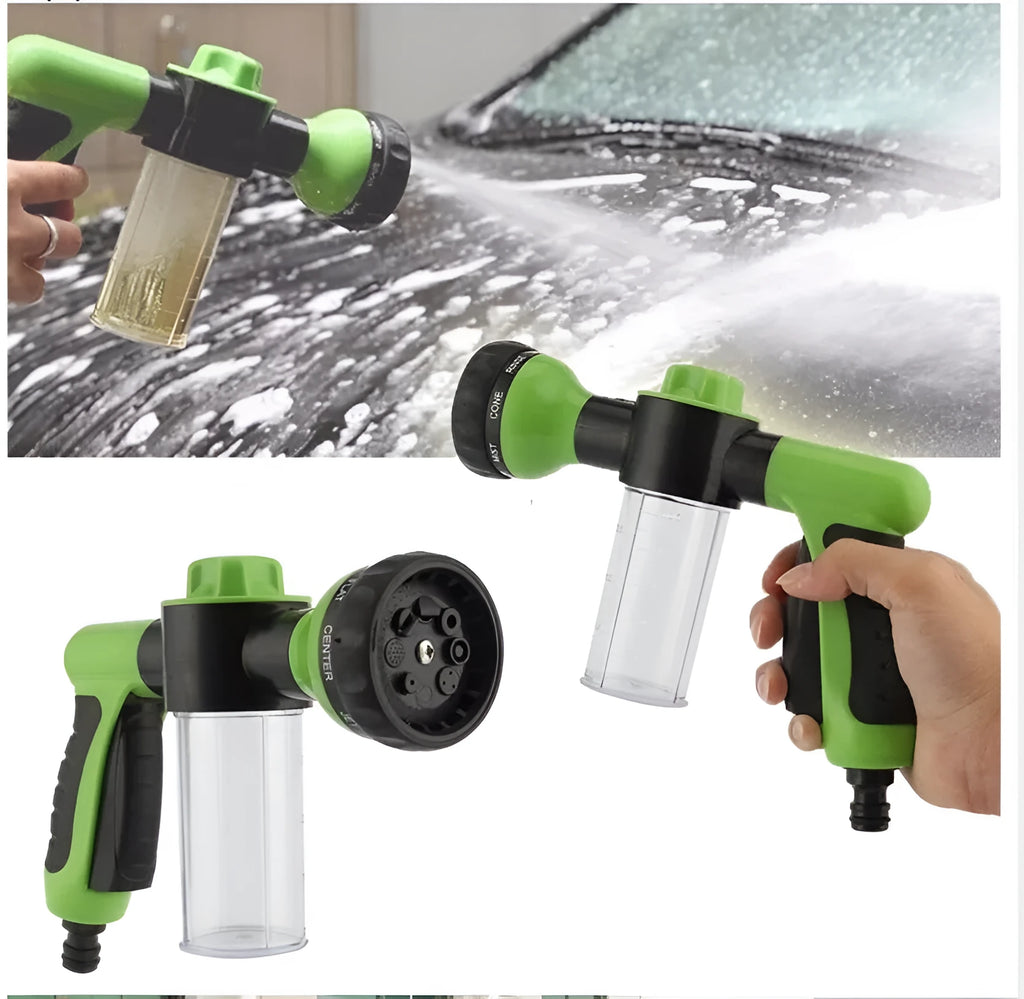 Green high pressure foam spray gun with multiple spray pattern settings and hose connection