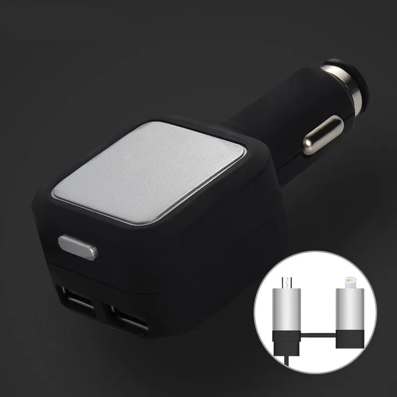 Black and gold dual USB car charger with retractable cable shown plugged into vehicle socket