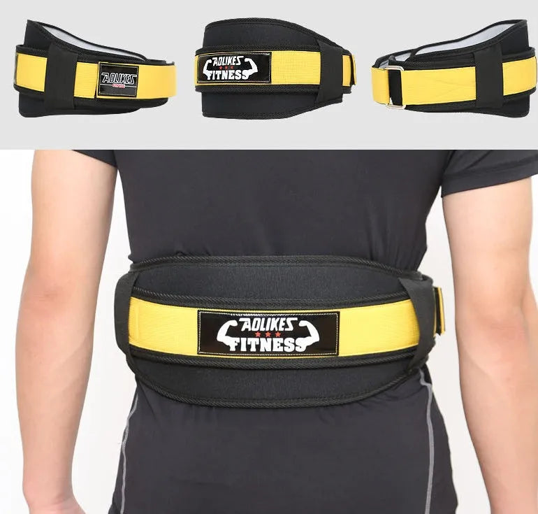 Nylon fitness weightlifting waistband in black, red and yellow colours with adjustable sizing
