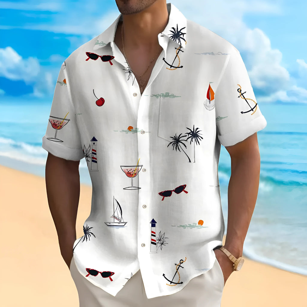 Men's loose fit Hawaiian shirt with colourful digital print pattern and short sleeves.