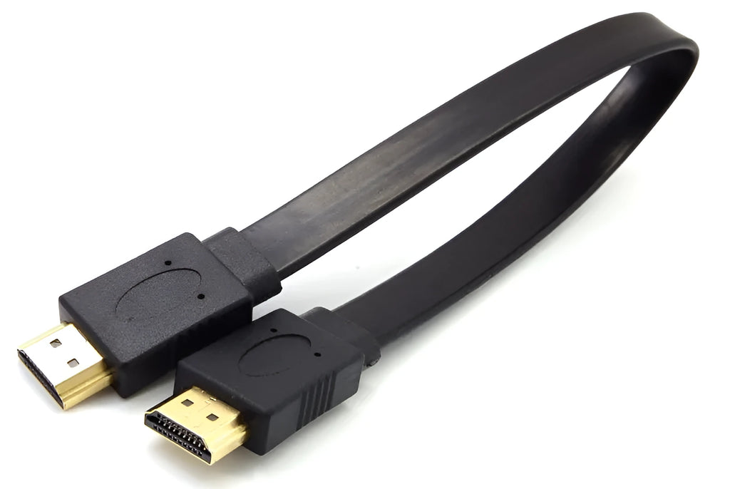 A flat black HDMI cable with male connectors on a white background.