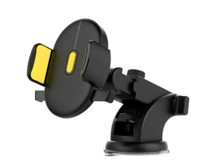 Yellow and black telescopic car phone holder with suction cup mounted on a car dashboard