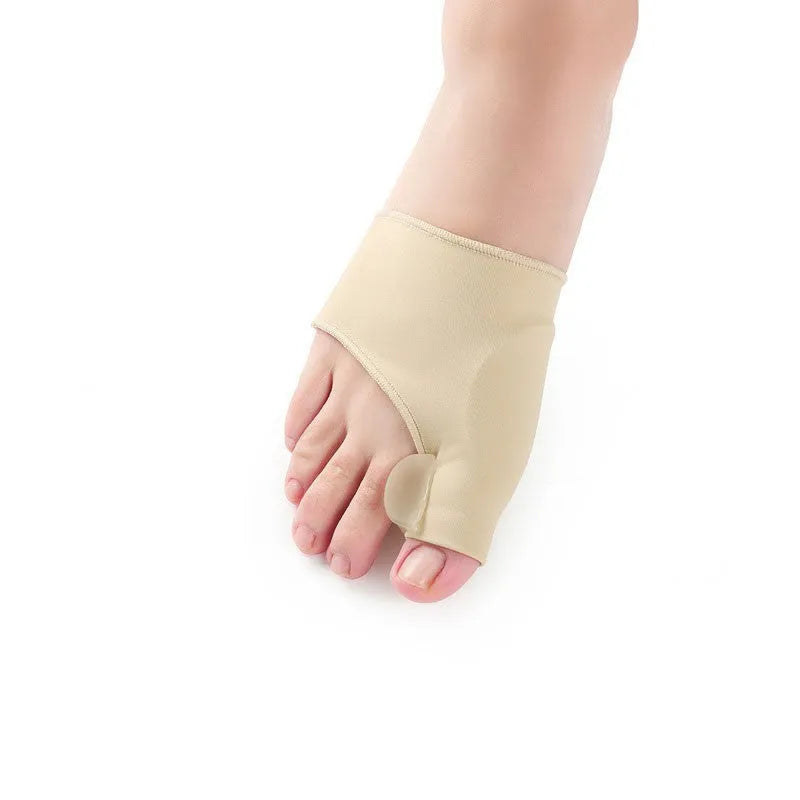 Corrective bunion sock with grey gel pad and silicone toe separator on a stretch fabric base.