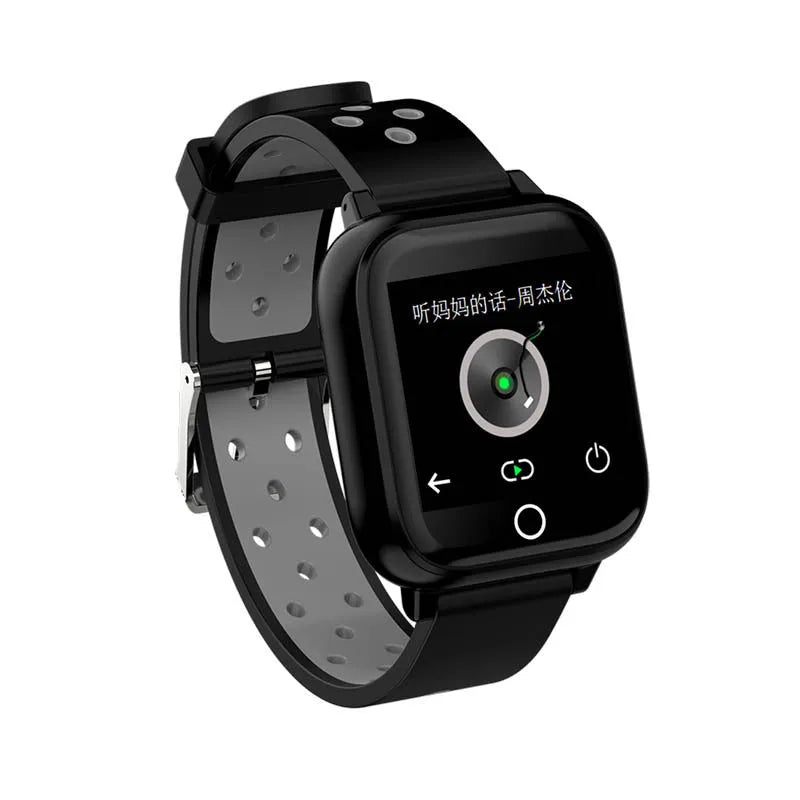 Black smart watch with integrated Bluetooth earbuds stored in watch case showing 1.4-inch display