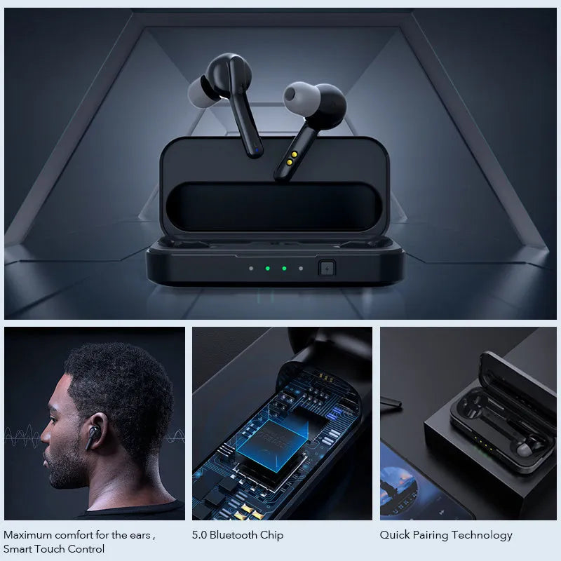 Black and white TWS Bluetooth wireless earbuds with IPX5 waterproof rating