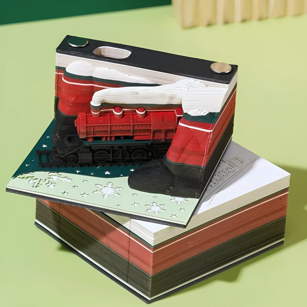 3D sticky notes with a paper carving of Qingshui Temple and a Christmas Train design on the notepad cover.