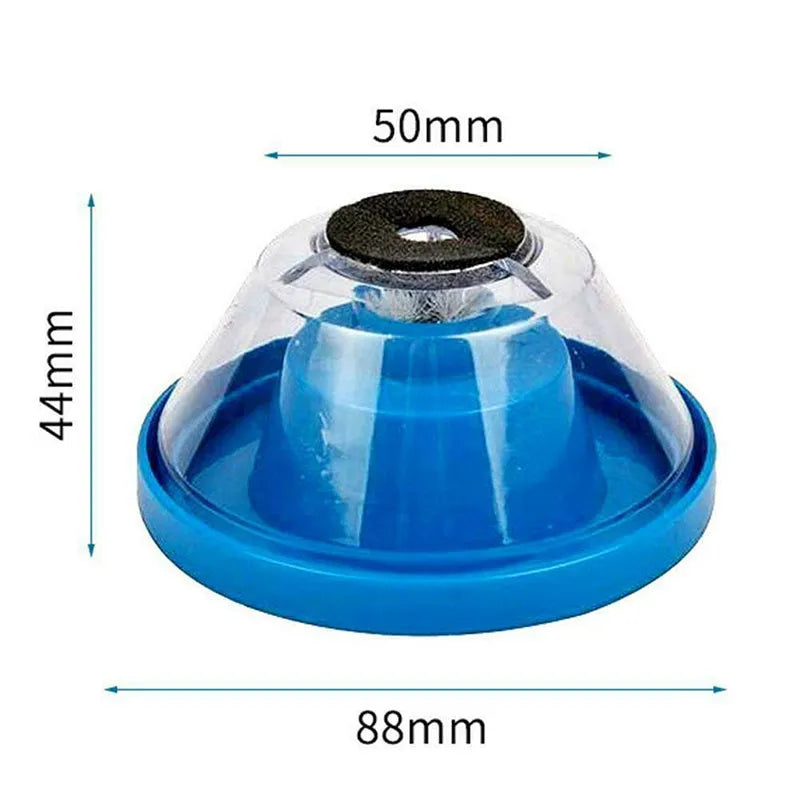 Blue electric drill dust cover accessory for collecting debris when drilling holes.