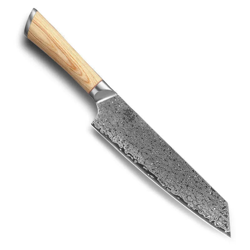 Damascus 12-piece kitchen knife set showing layered steel pattern on various blade sizes from 3.5-inch to 9-inch