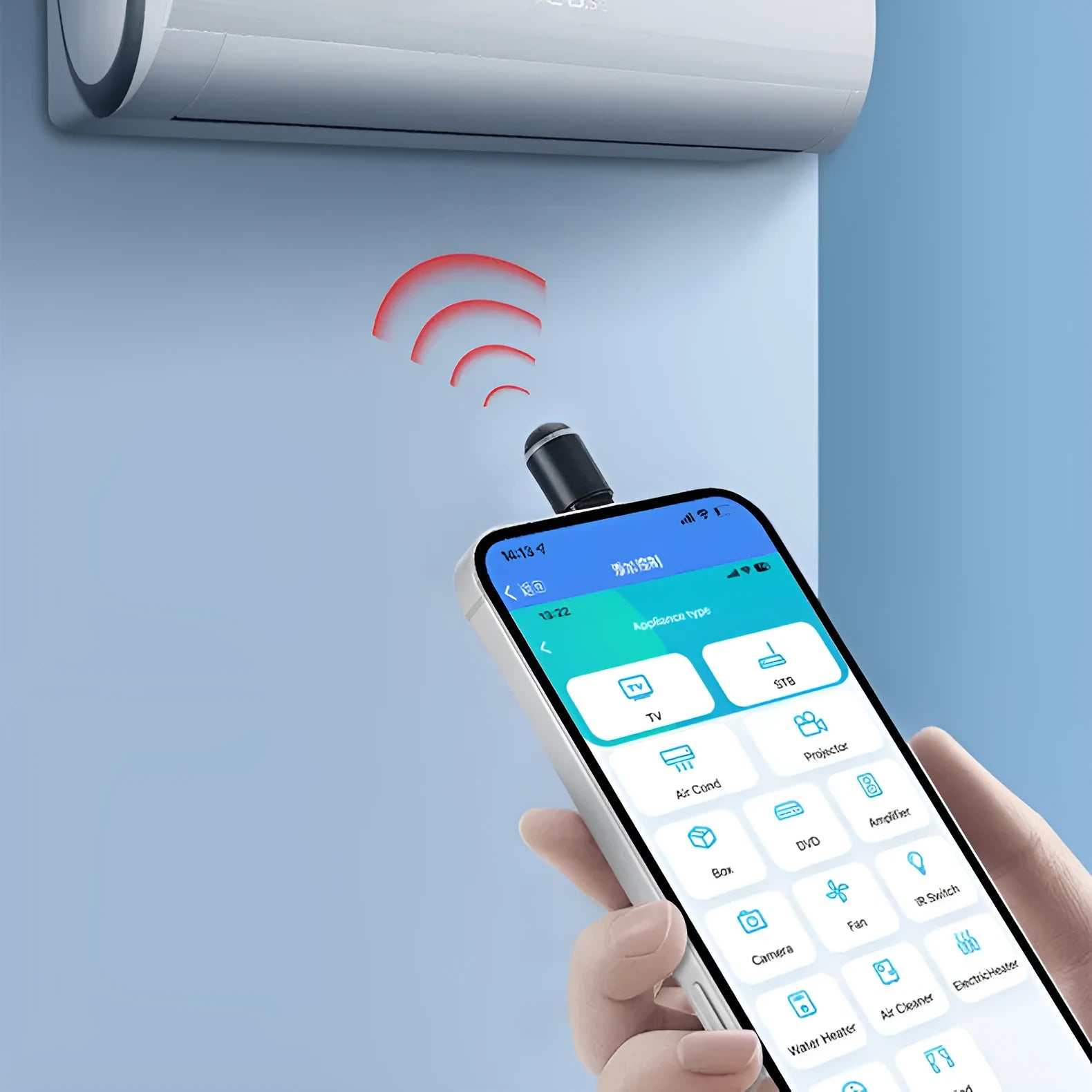 Small black capsule infrared remote emitter for smartphone Lightning, Type-C, and Micro-USB ports.