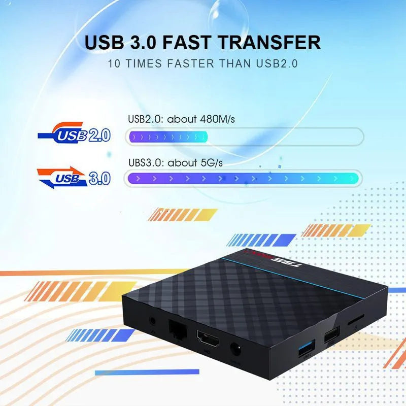Black T95 Max Plus Android TV Box with remote, showing choice of US, EU, and UK power plugs.