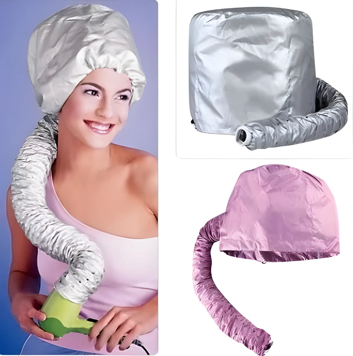 Hair dryer bonnet hood in pink or silver with drawstring and elastic tube end for fitting to a hair dryer.