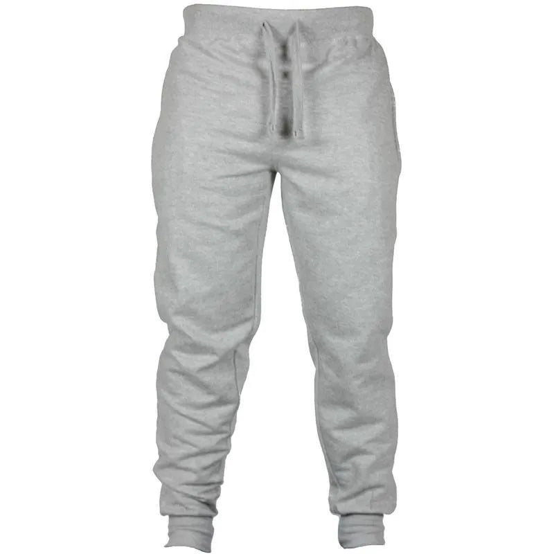 Men's grey fleece casual trousers with drawstring waistband and pencil pant style