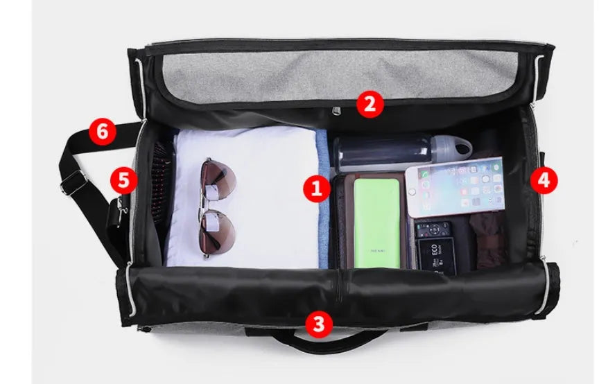 Medium cylinder travel bag in black Oxford cloth with zipper opening and internal pocket
