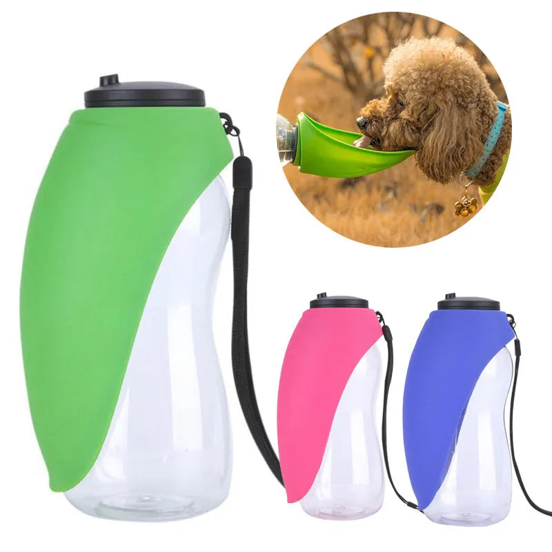 Plastic pet water bottle with drinking bowl in fruit green colour showing 680ml capacity