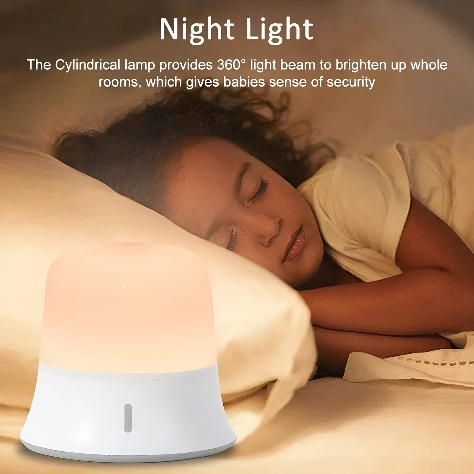 White touch-control baby night light with motion sensor on a nursery bedside table.