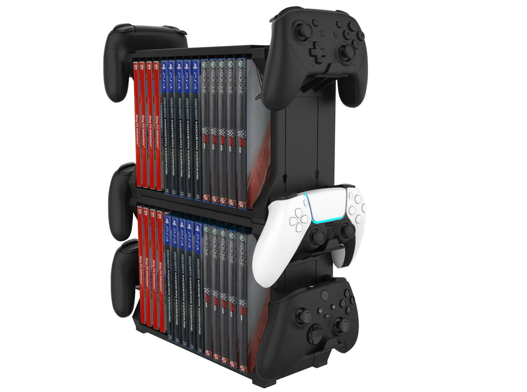 Black PS5 disc holder stand storing game cartridges and four controllers