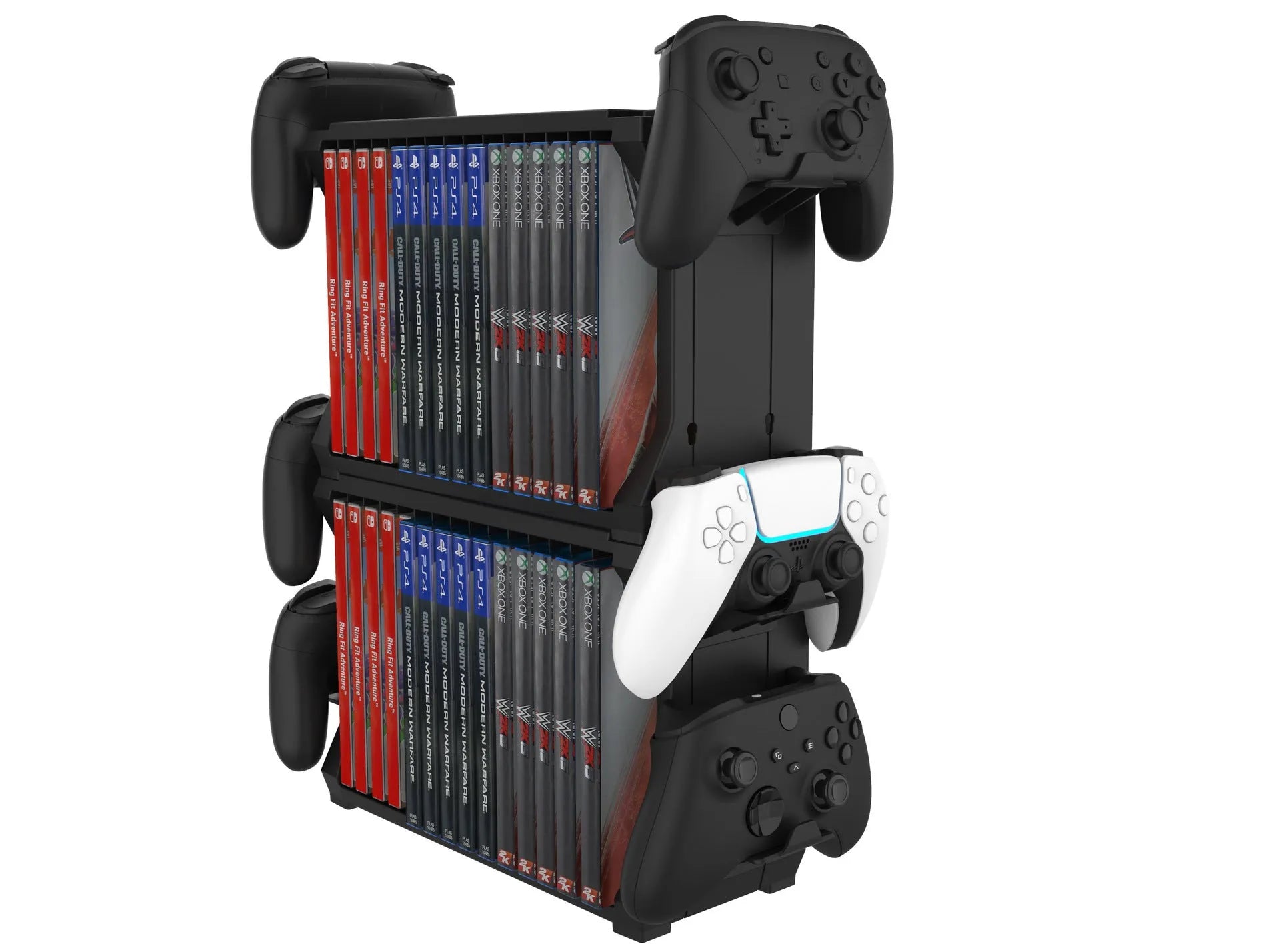 Black PS5 disc holder stand storing game cartridges and four controllers
