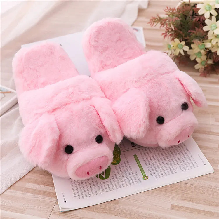 Pink pig floor slippers in short plush material with PP cotton filling for indoor wear