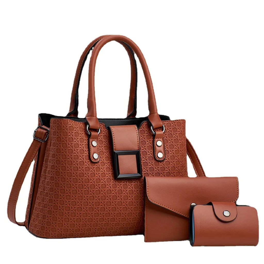 Three-piece textured PU women's crossbody shoulder bag in square vertical shape, shown in light blue colour