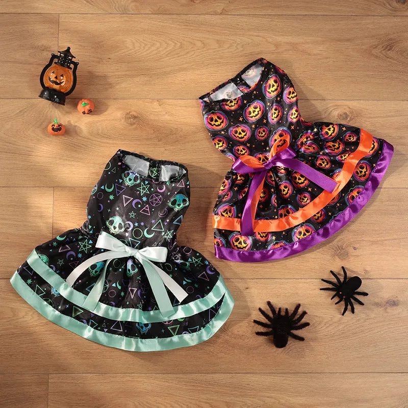 Colourful double-layer Halloween skirt for dogs in pumpkin and skull patterns