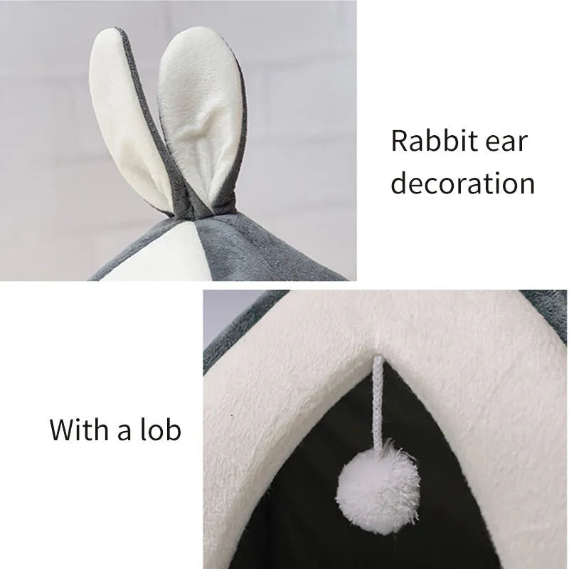 Rabbit ear Mongolian nest pet bed in Arctic velvet with PP cotton, shown in Grey and Pink, sizes S to XL