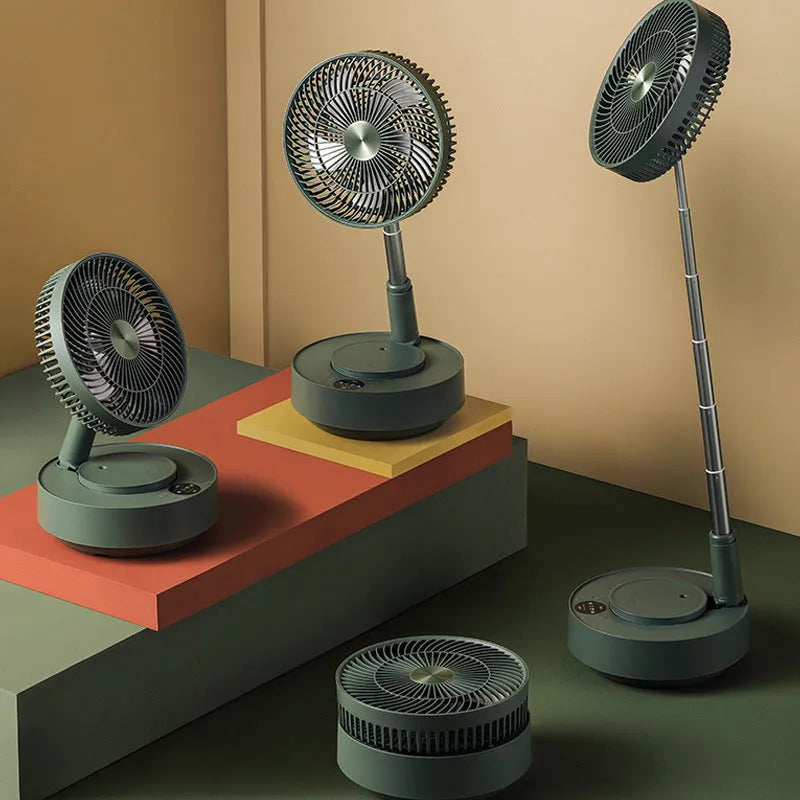 Green and white telescopic electric fan showing both desktop and extended floor-standing configurations