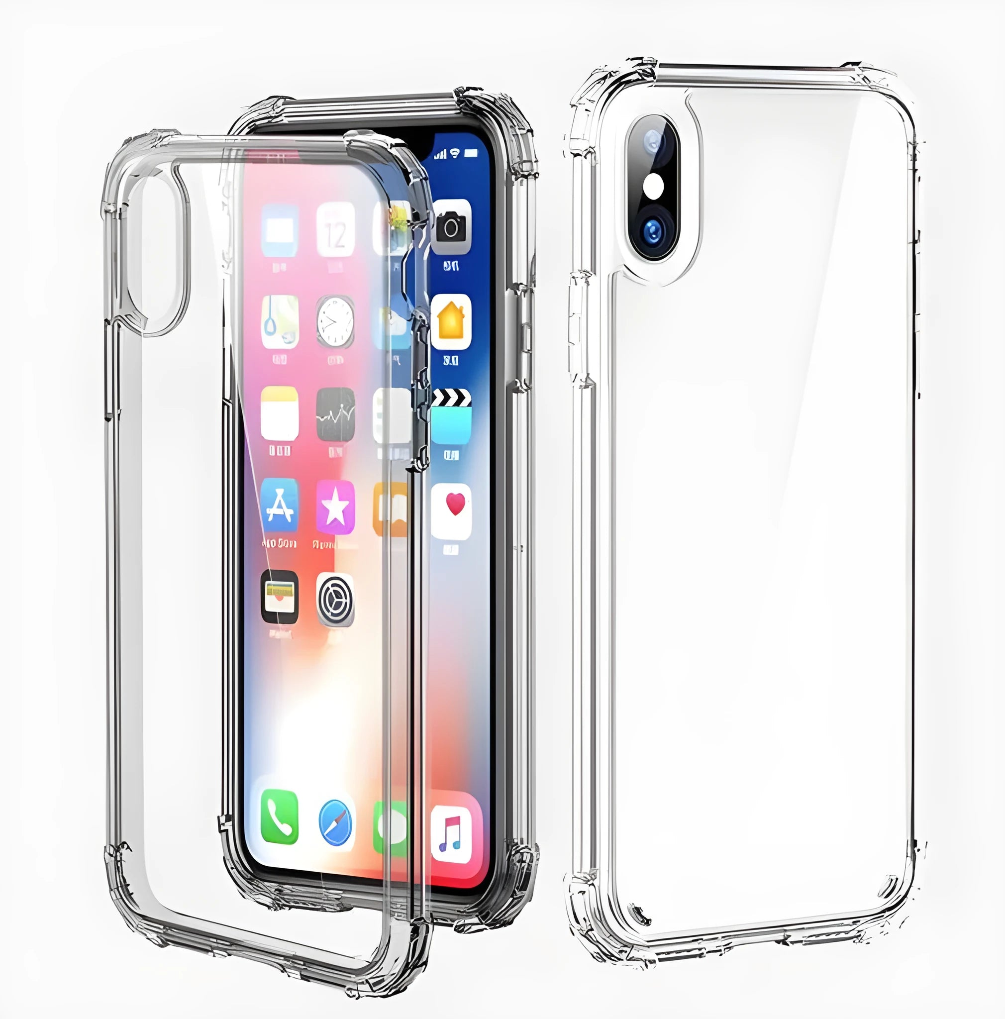Clear transparent TPU shockproof protective back cover case for iPhone on a table.